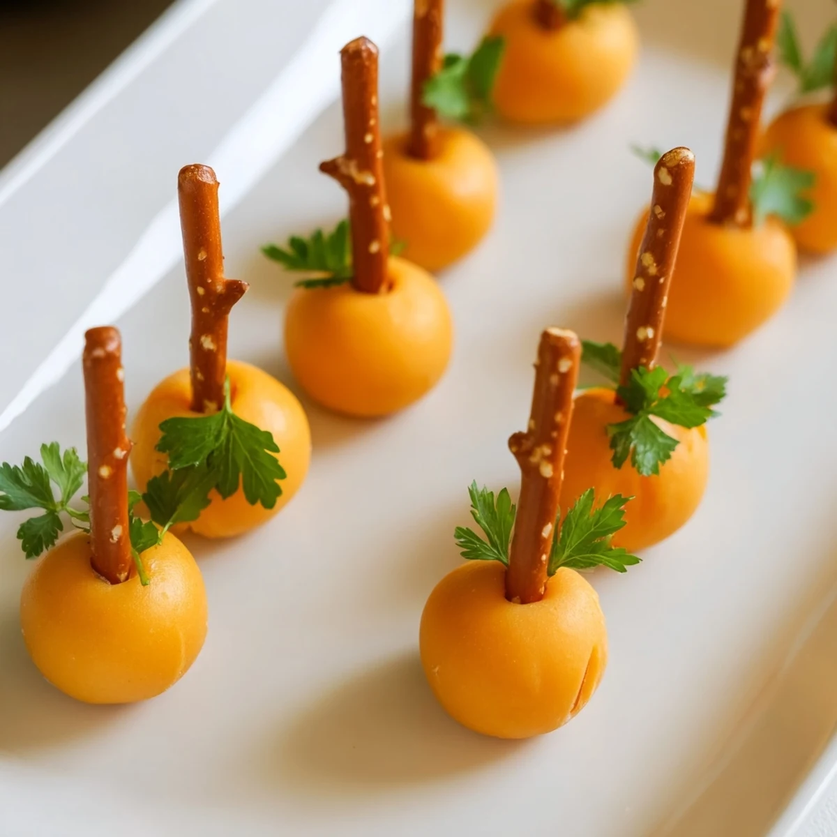 Bright orange pumpkin patch bites, cheese balls with pretzel stems, arranged on a green bed.