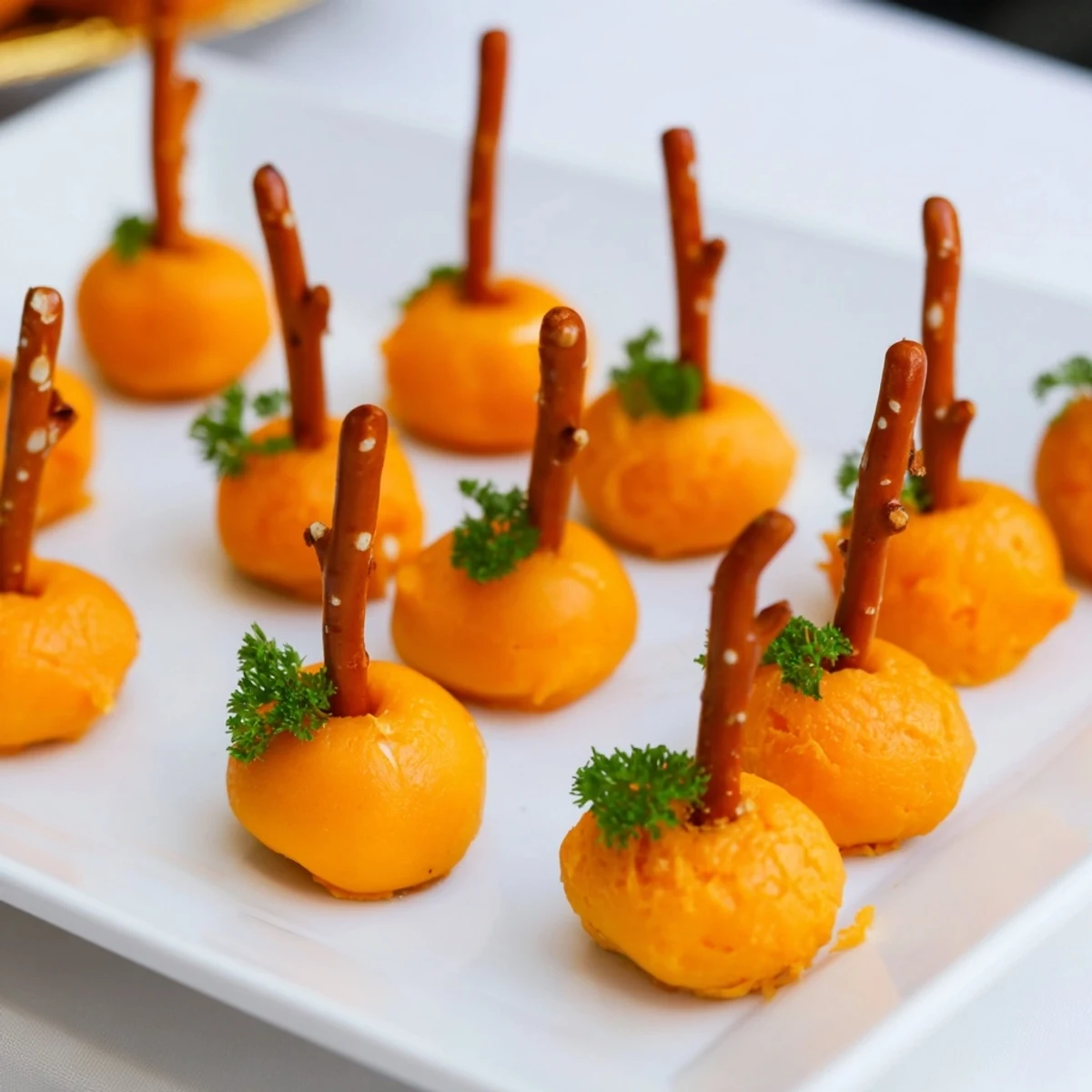 A close-up of The Pumpkin Patch grid; tiny cheese pumpkins with pretzel stems, ready to eat.