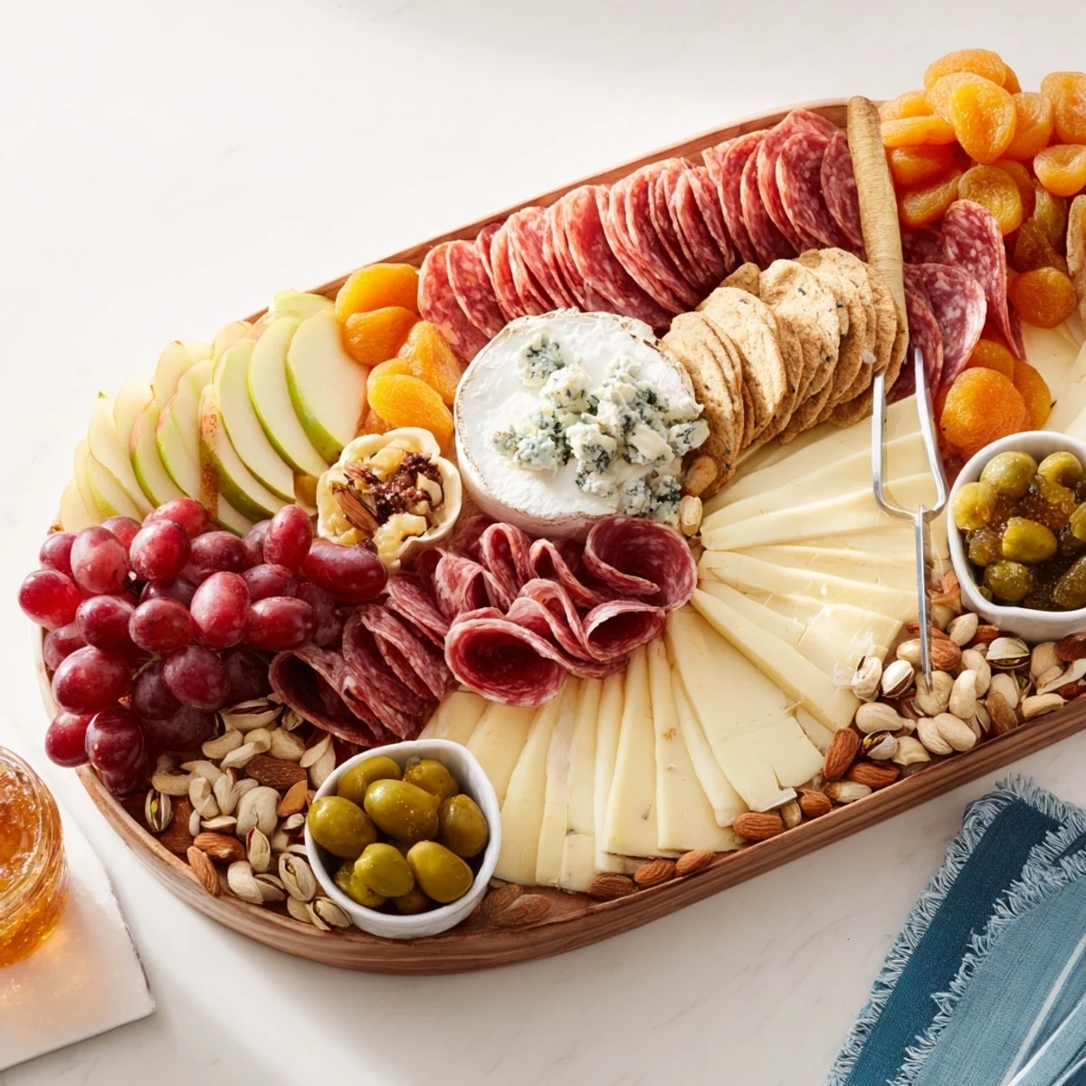 Elegant Gilded Edge cheese board: a close-up of Brie, grapes, and salami arranged artistically for holiday entertaining.