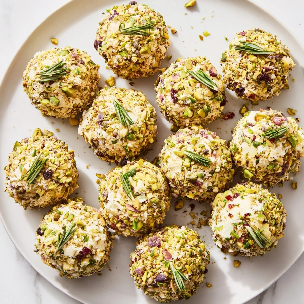 Close-up of delicious Holiday Ornament Clusters: delightful cheese balls garnished with rosemary for your holiday gathering.