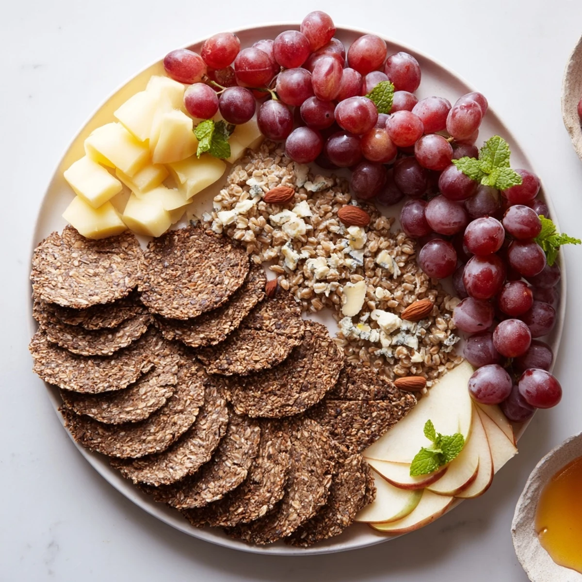 The Harvest Scythe bread and fruit platter, a colorful assortment, ready for sharing a healthy snack.