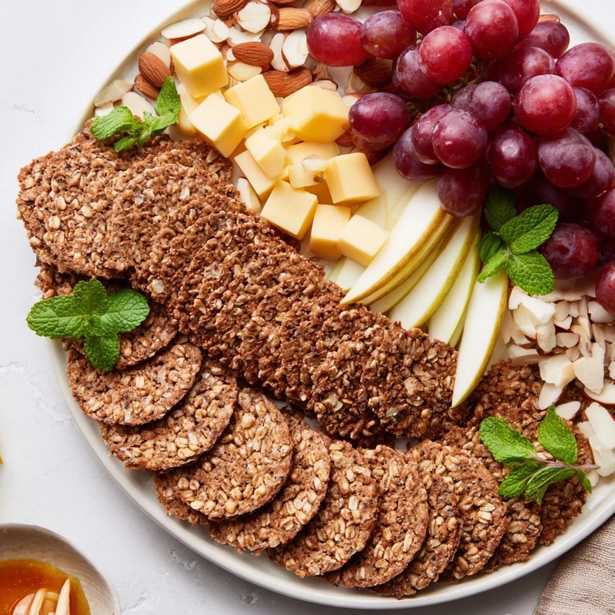 This Harvest Scythe recipe showcases fresh breads, grains, and fruits, arranged for a rustic, appetizing appetizer.