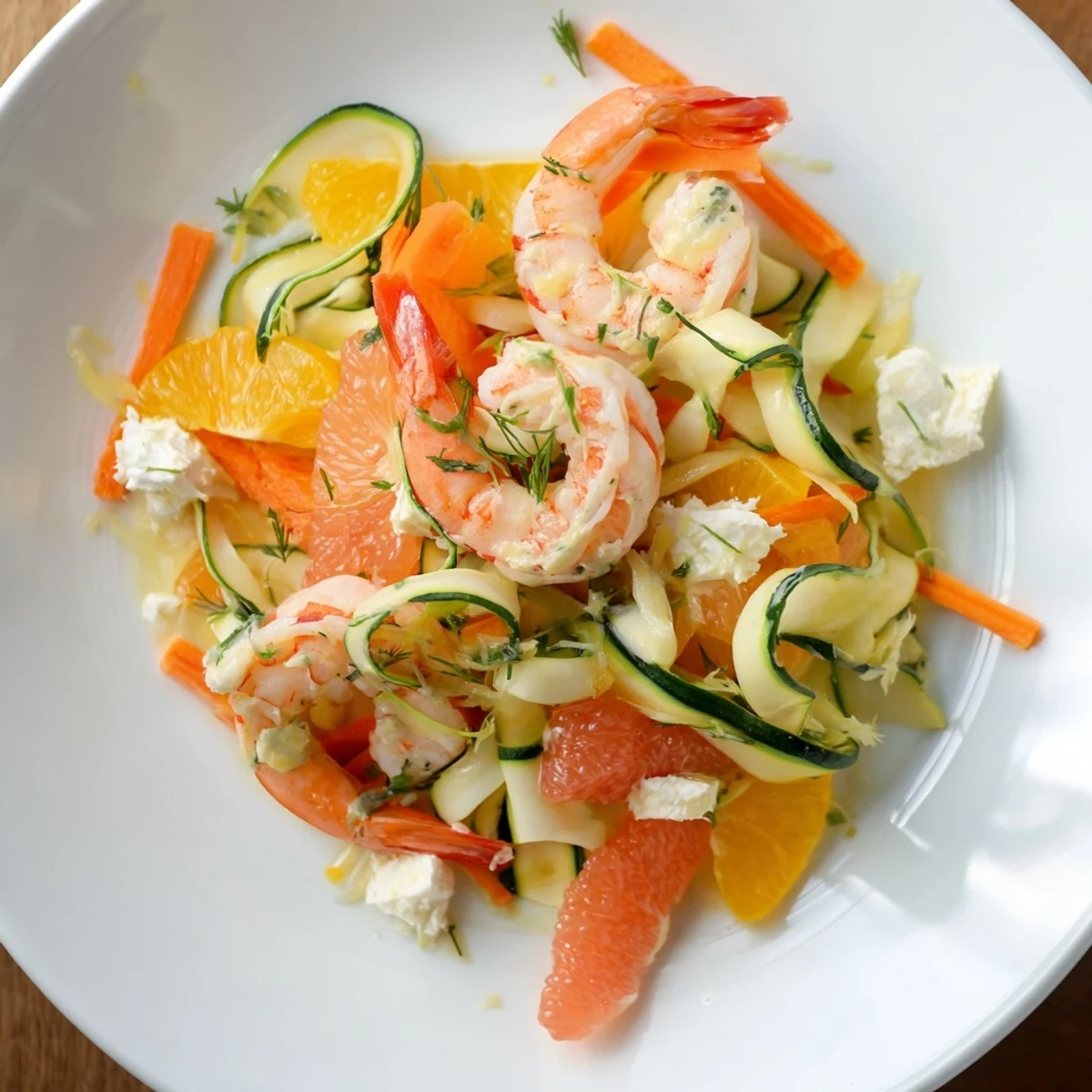 A colorful "Coral Reef" dish features pink shrimp, citrus, and bubbling Gruyère cheese, ready to enjoy.