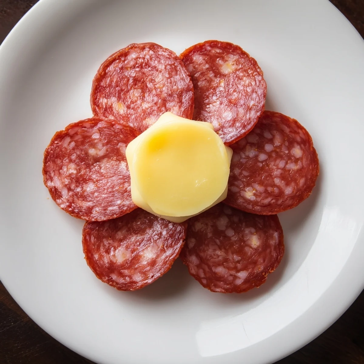 Vibrant Tudor Rose appetizer: five salami petals elegantly surround a yellow cheese center.