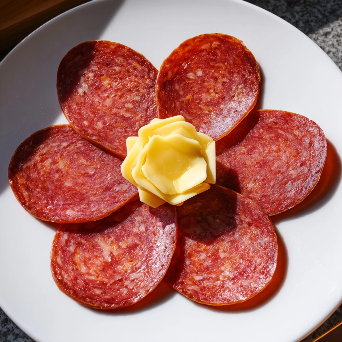 Appetizing Tudor Rose, a simple appetizer with salami flower design and creamy cheese.