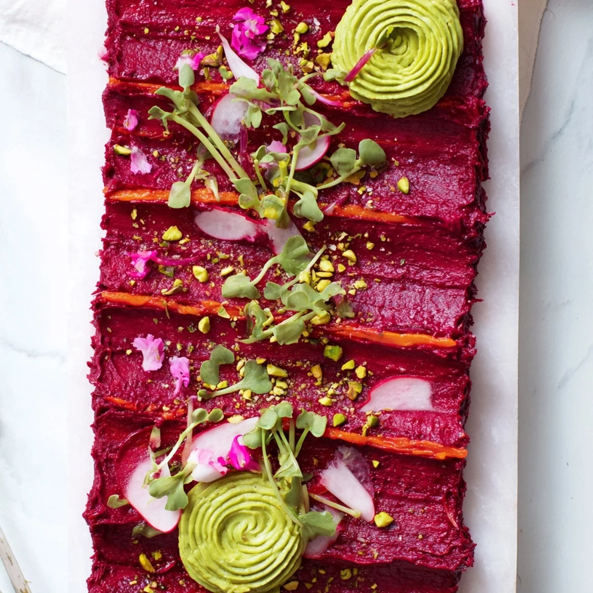 The Modernist Stripe features a colorful, layered vegetable purée stripe with edible garnishes, perfect for appetizers.