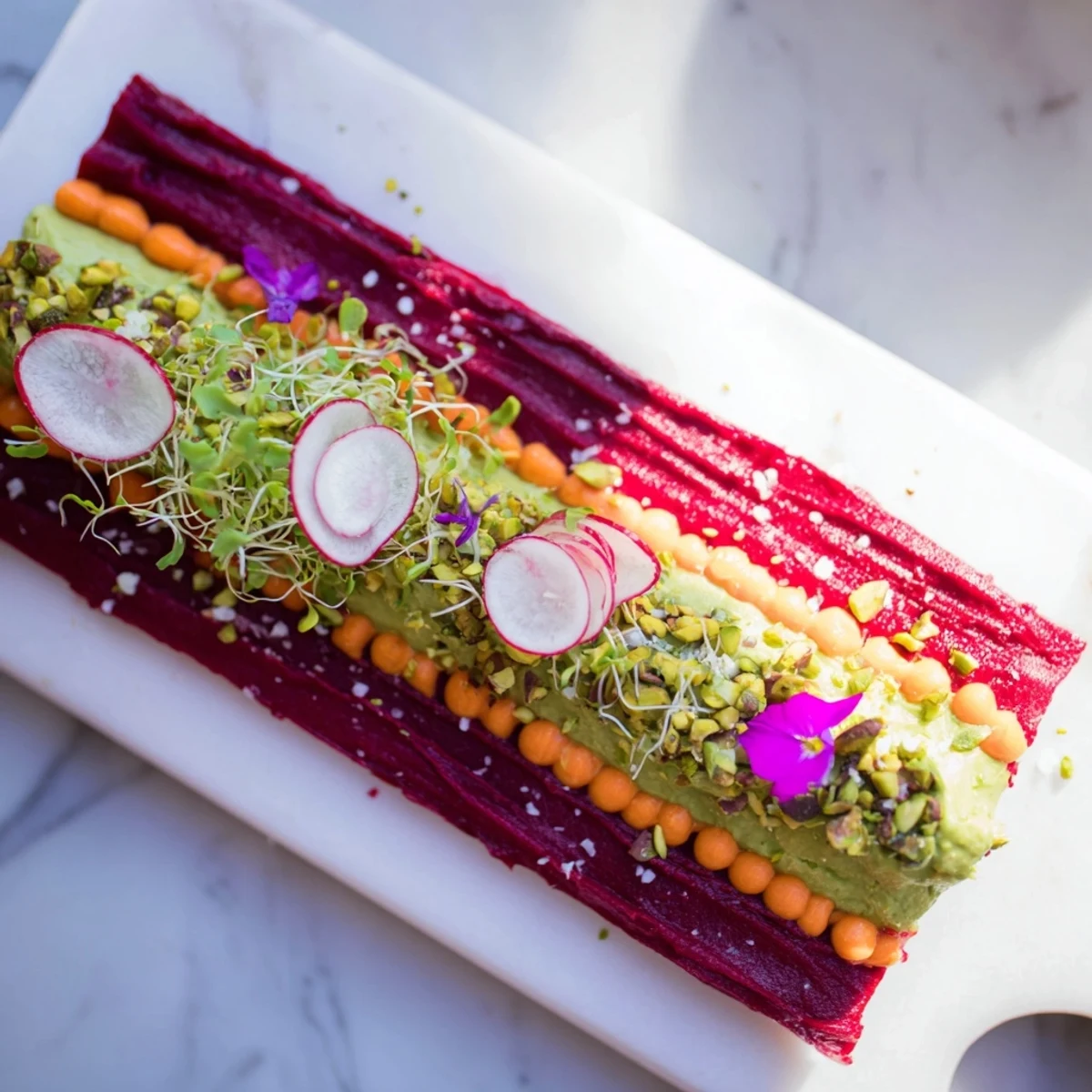 A visually appealing photo of The Modernist Stripe showcases vibrant purées, textures, and lovely edible flowers on a board.