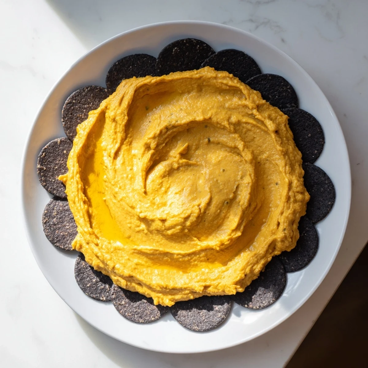 The Midnight Sun: A visually stunning appetizer of black crackers and vibrant carrot turmeric dip.