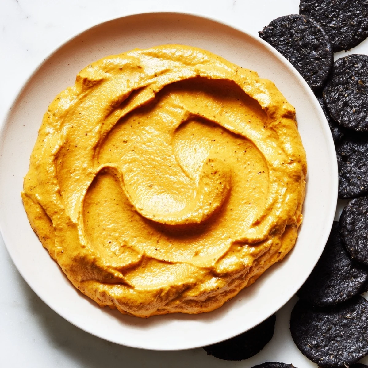 A close-up view of The Midnight Sun appetizer, showcasing crisp black crackers and creamy golden dip.