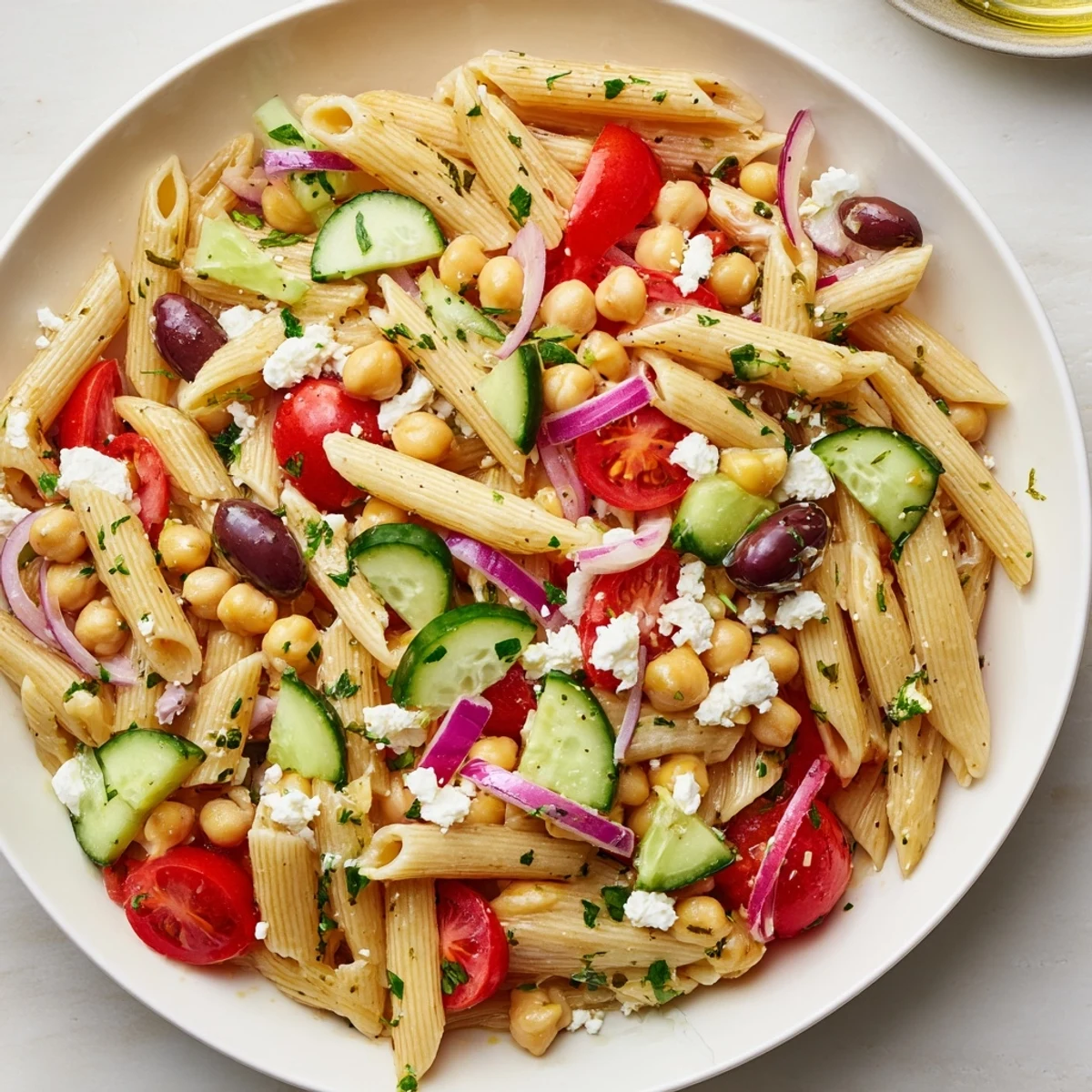 Vibrant Mediterranean Pasta Salad with chickpeas, feta crumbles, and fresh vegetables ready to be enjoyed.