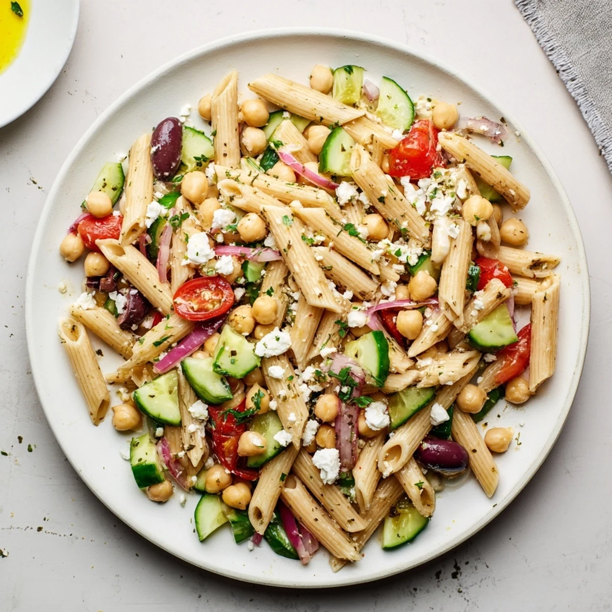 This Mediterranean Pasta Salad recipe features al dente pasta with feta, olives, and a zesty lemon dressing, ready to serve.