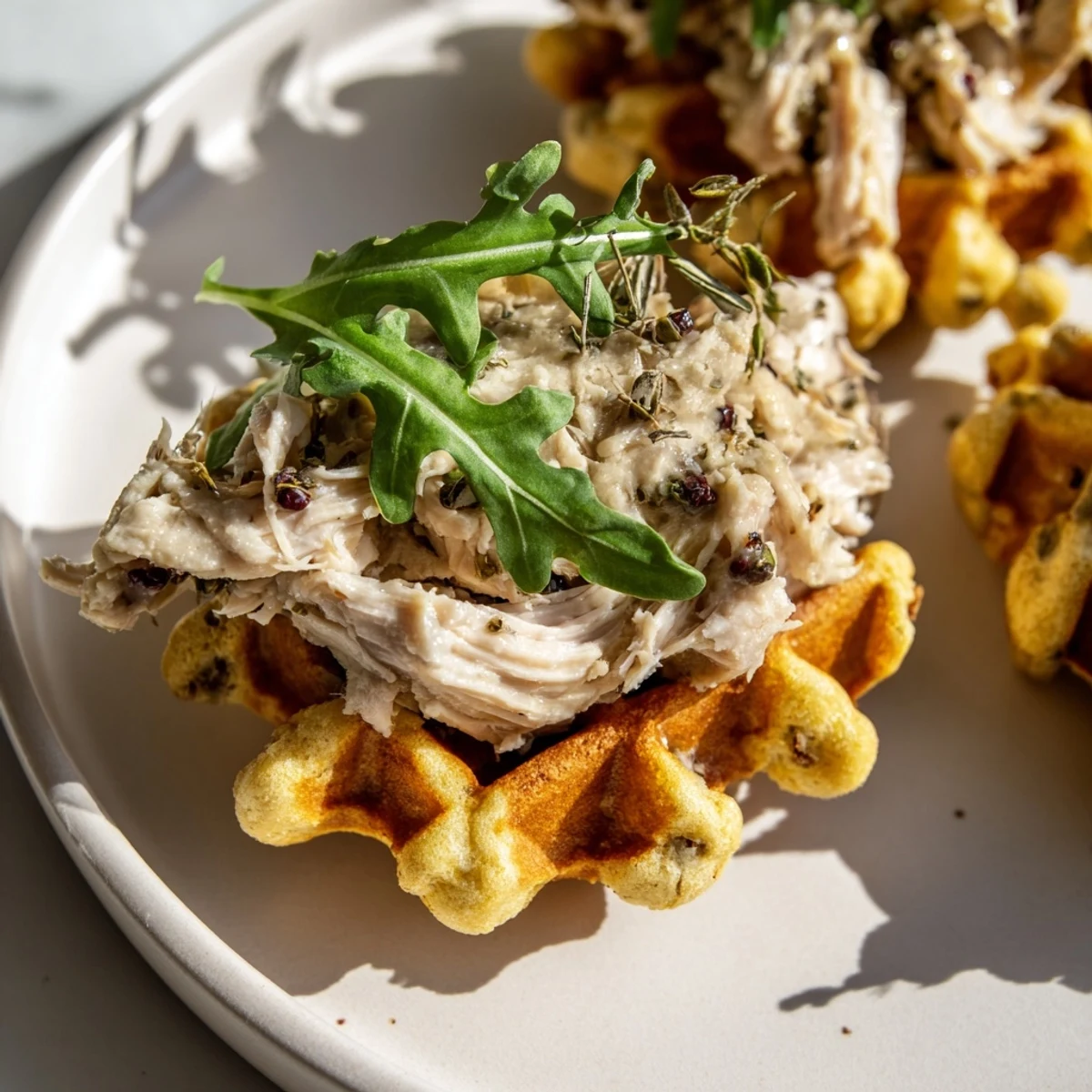 Golden, crispy stuffing waffle chicken slider with juicy filling and cranberry mayo drizzled on top.