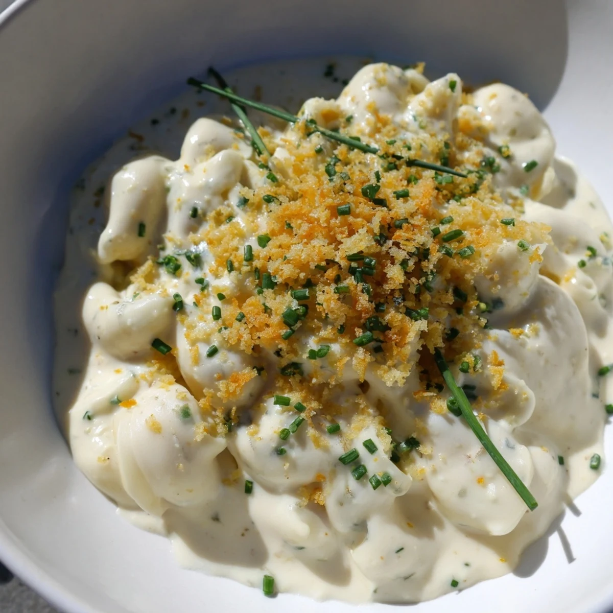 A close-up of golden Cottage Cheese Mac and Cheese, garnished with fresh herbs, ready to be enjoyed.