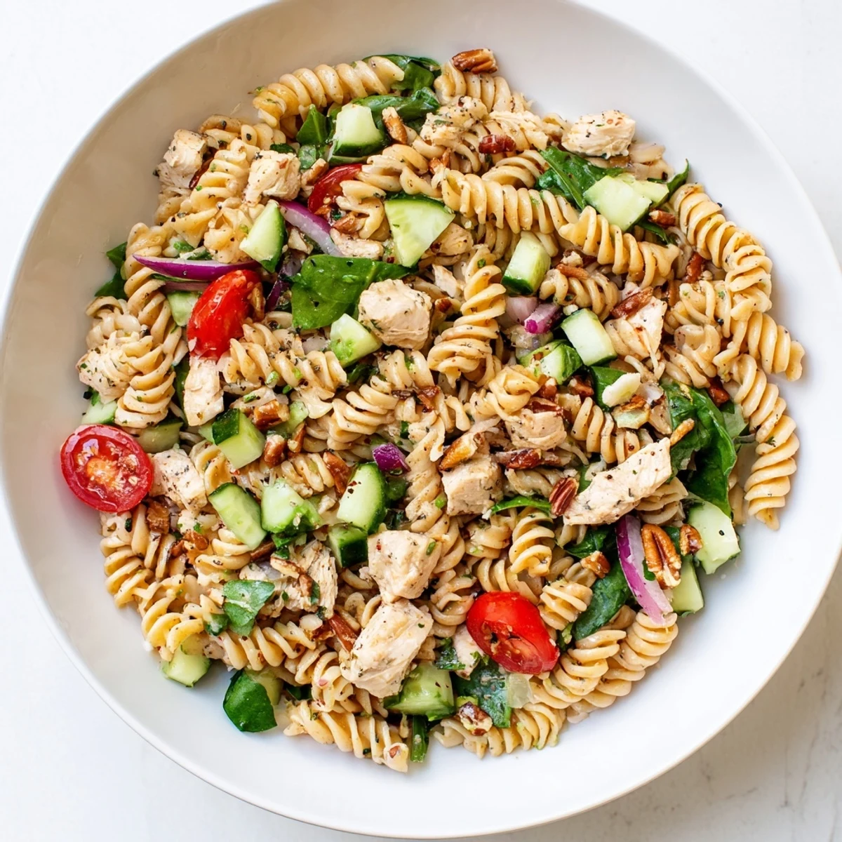 Pasta Salad with Cranberry Vinaigrette showcases a colorful mix of rotini, chicken, and fresh veggies drizzled with tangy dressing.