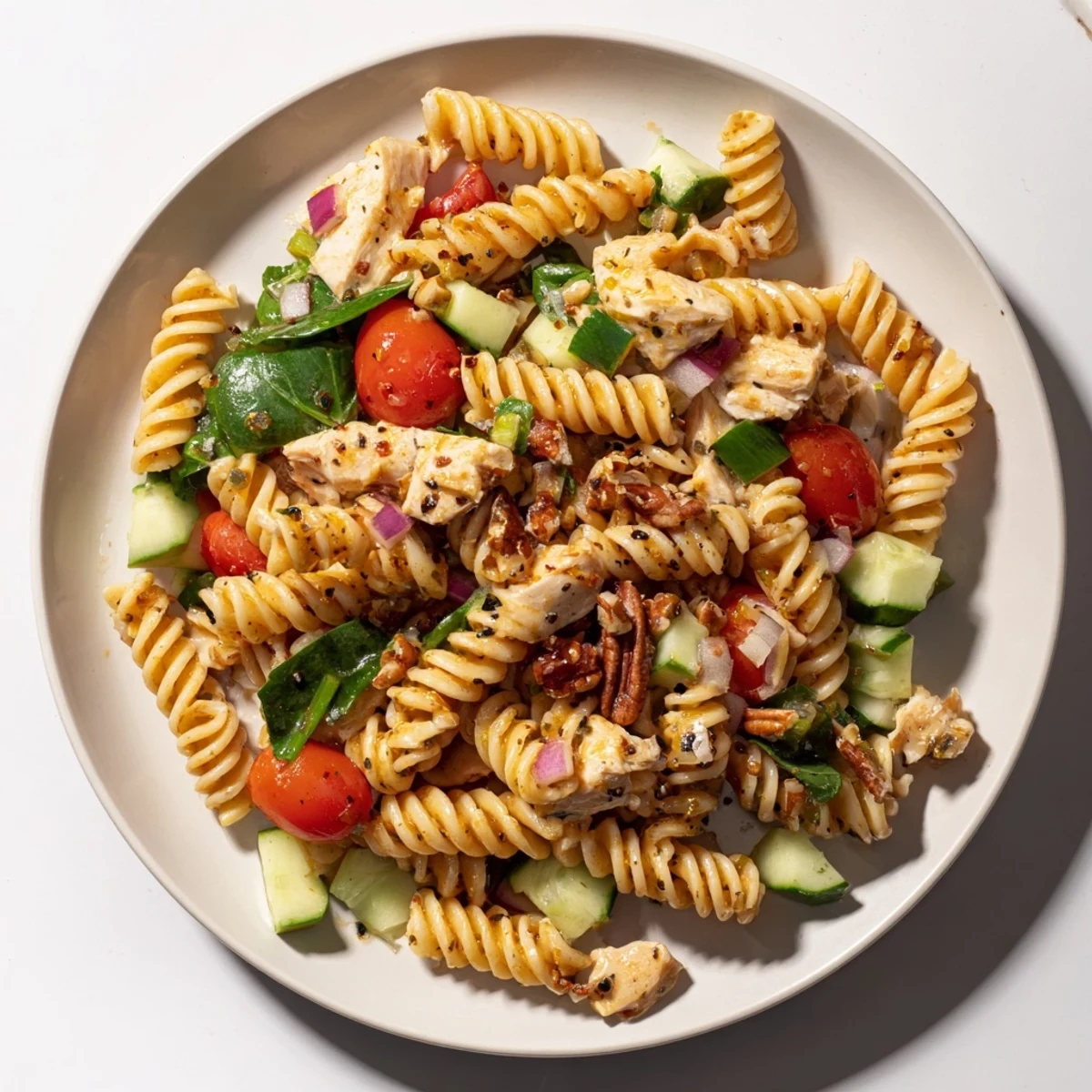 This vibrant Pasta Salad with Cranberry Vinaigrette features tender chicken, juicy tomatoes, and a bright cranberry vinaigrette.