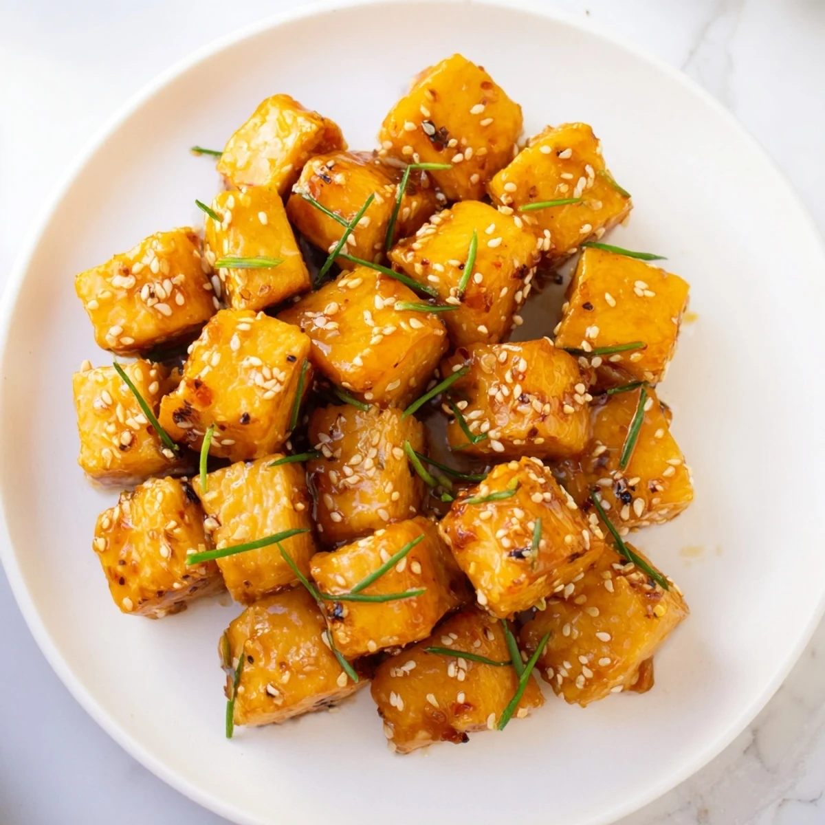 Crisp-edged, air-fried chicken bites glisten with a honey-soy marinade, ready to grab and enjoy.