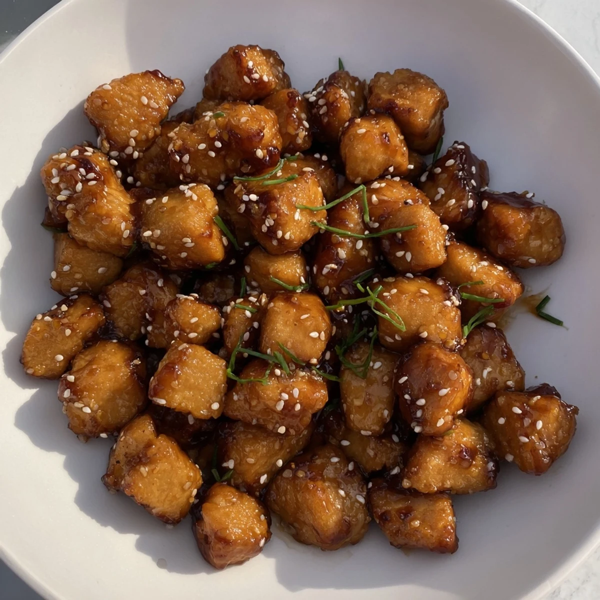 Golden air fryer turkey bites with a sweet honey glaze and sesame seeds, a tasty appetizer.