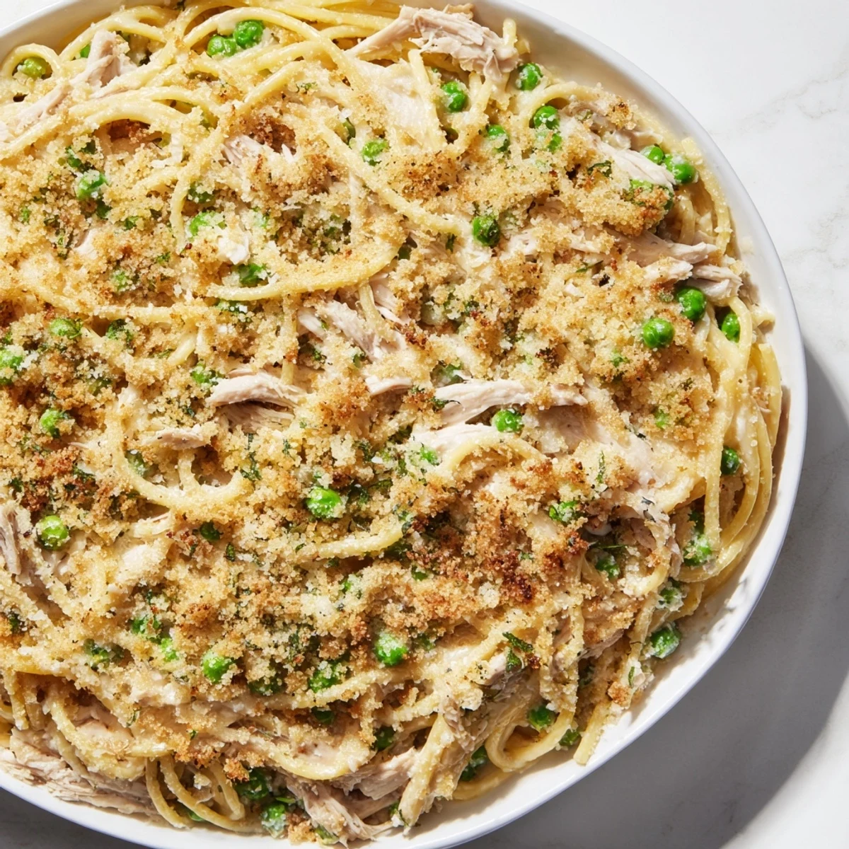 A bubbling Turkey Tetrazzini bake topped with golden panko, promising a comforting meal.