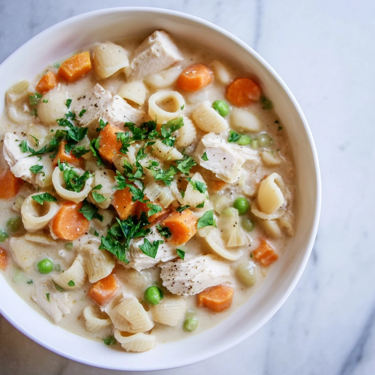 Chicken Pot Pie Pasta Soup: A creamy bowl of soup with tender chicken and veggies.