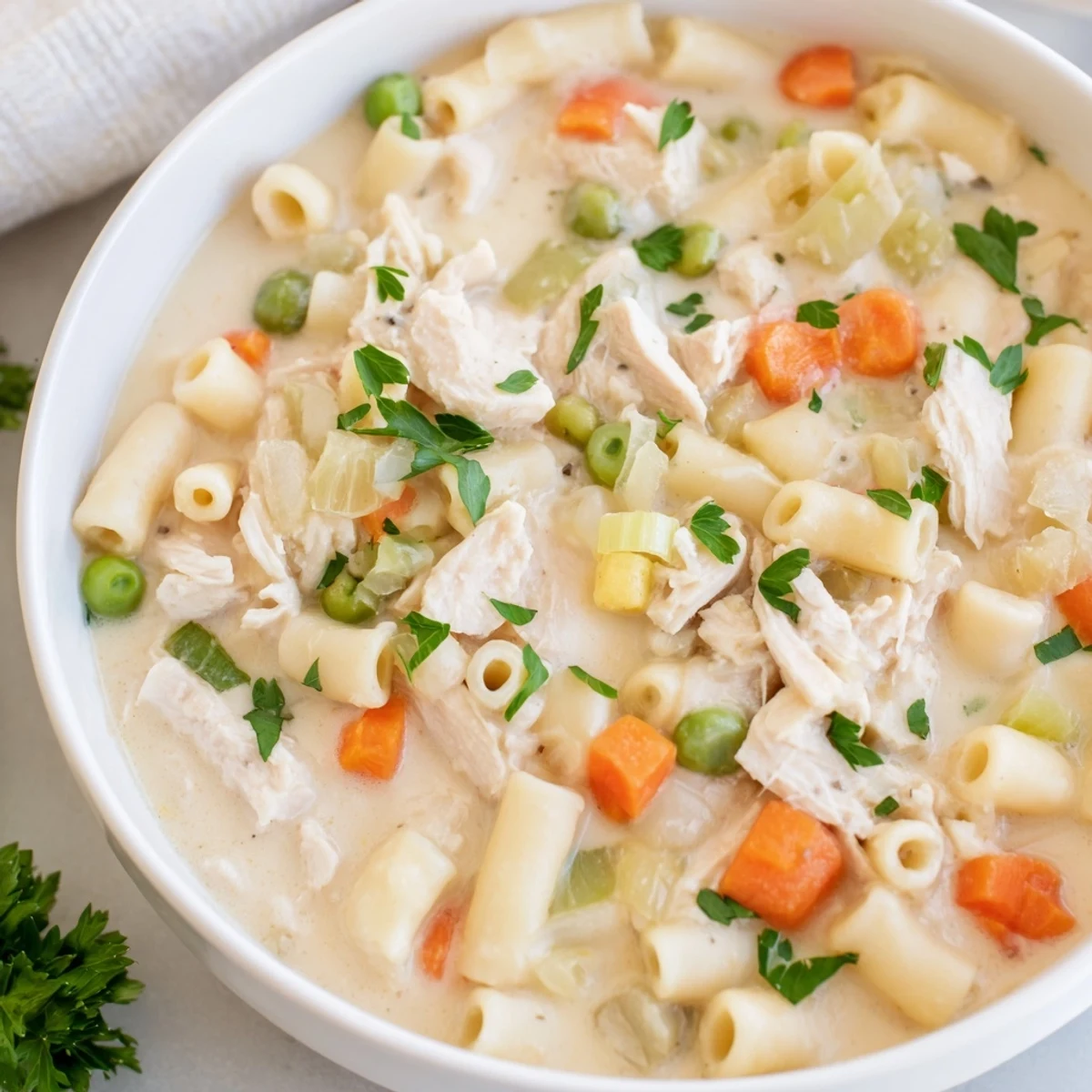 Delicious Chicken Pot Pie Pasta Soup simmering, filled with chicken, vegetables, and creamy goodness.