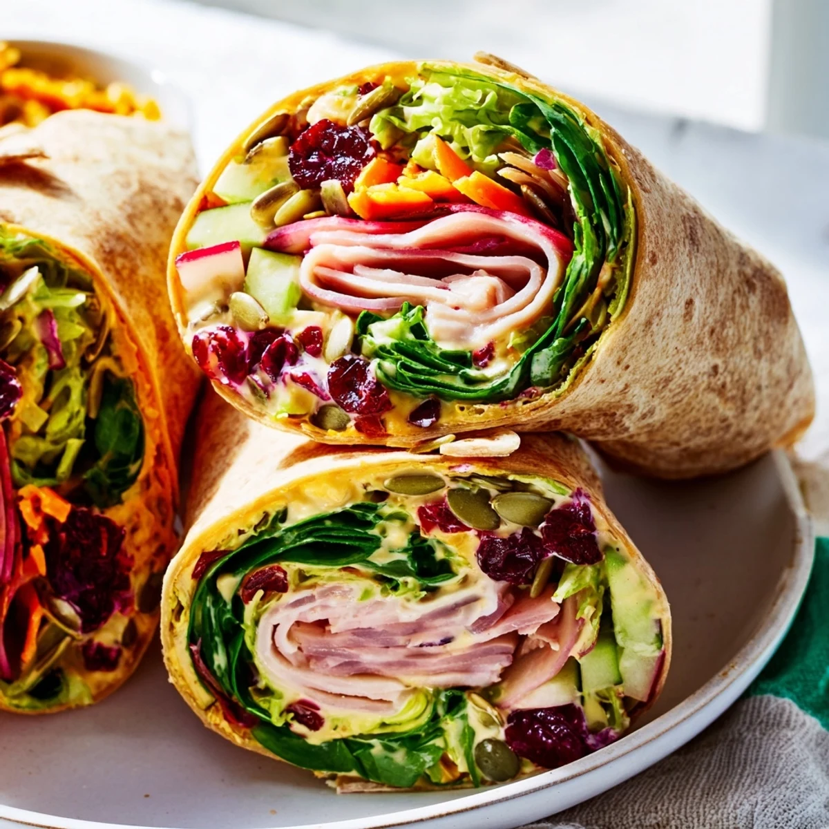 A colorful, close-up of a Cranberry Apple Slaw Turkey Wrap, packed and ready to enjoy.