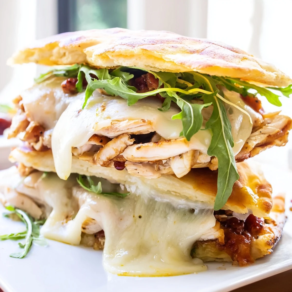 Gooey melted cheese stretches from a Leftover Pizza Chicken Sandwich, an easy, flavorful lunch.