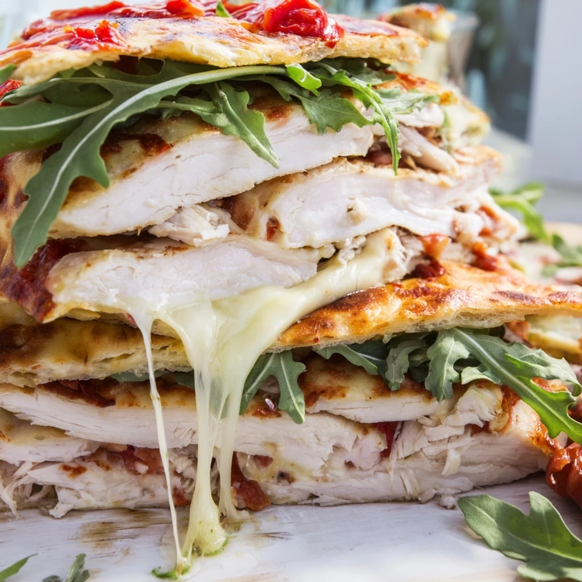 The delicious Leftover Pizza Chicken Sandwich features warm cheese and fresh arugula for a satisfying bite.