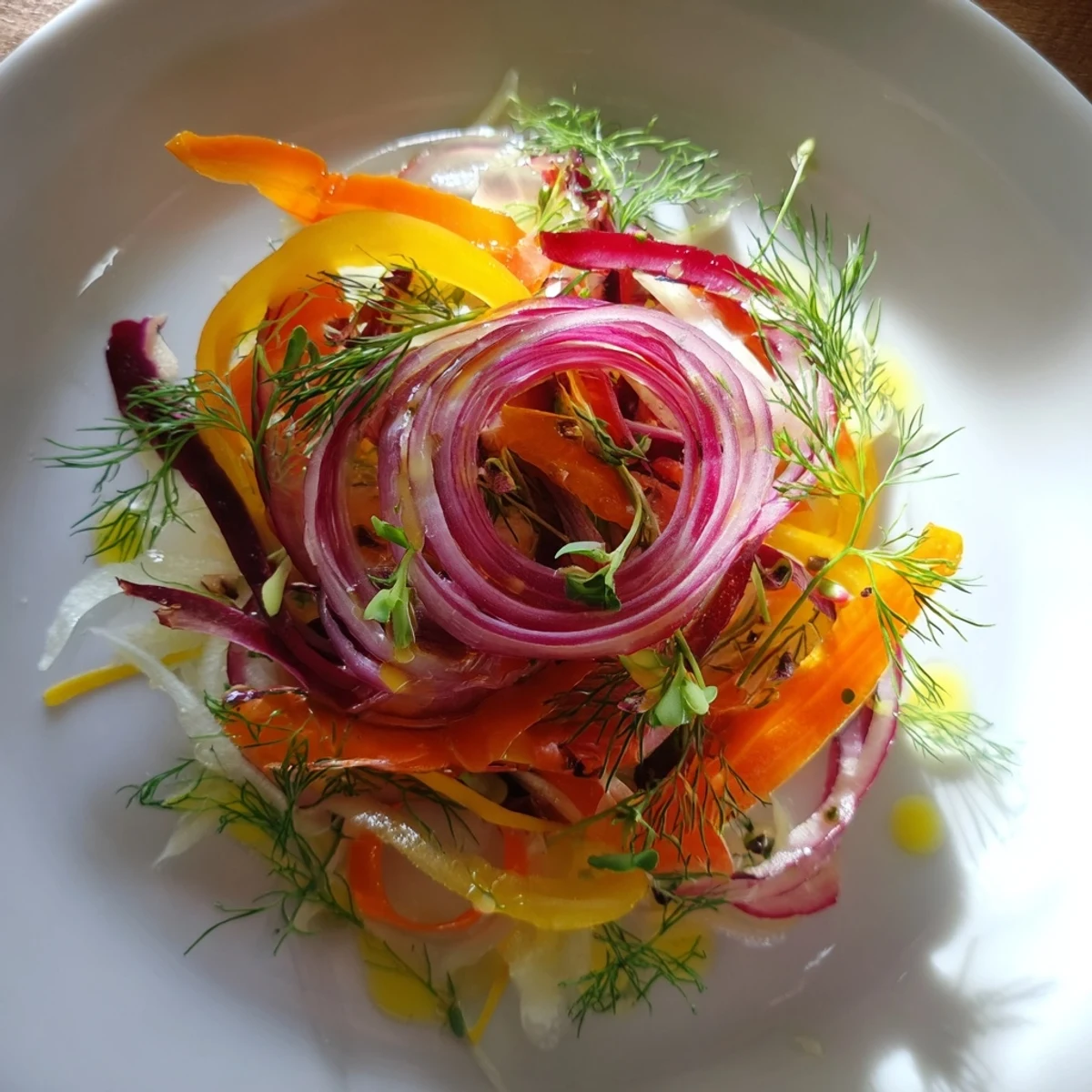 The Spinning Top salad, colorful ribbons of vegetables arranged in a dynamic, flavorful pattern.