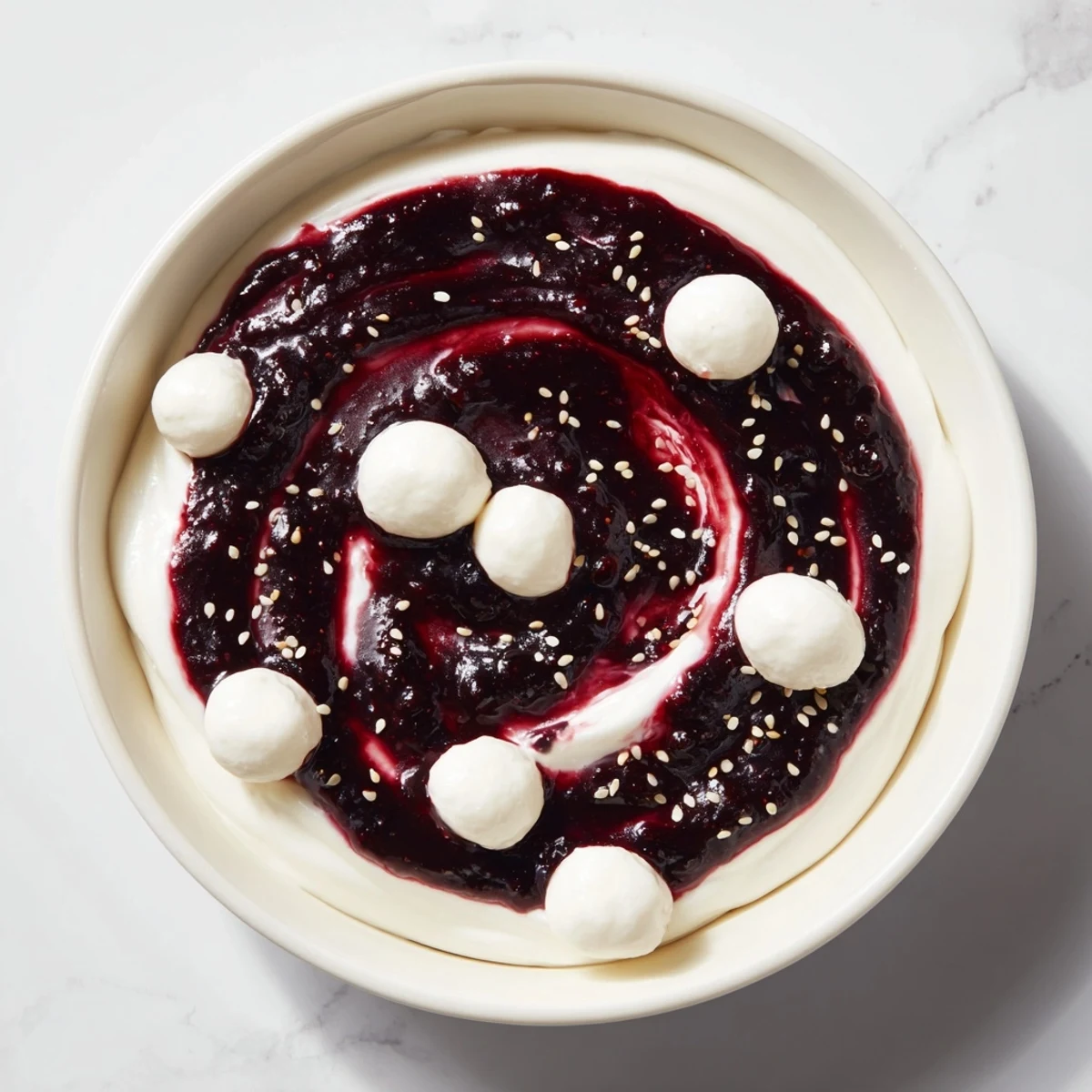 A beautiful Galaxy Spiral, perfect for entertaining, with sesame seed "stars" sprinkled on creamy yogurt.