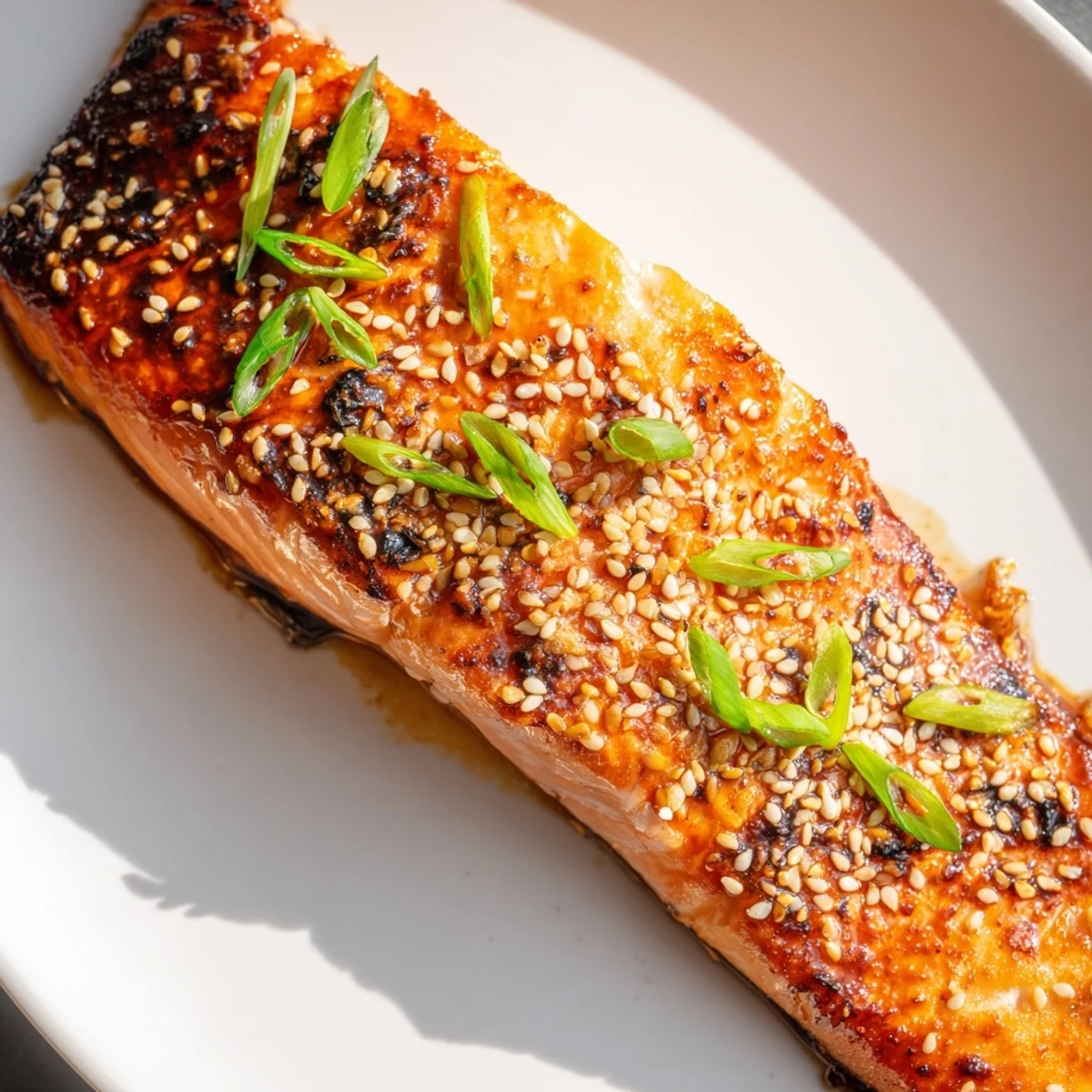 Flavorful Ginger Soy Glazed Salmon glistening with a sweet, sticky sauce, ready to serve.