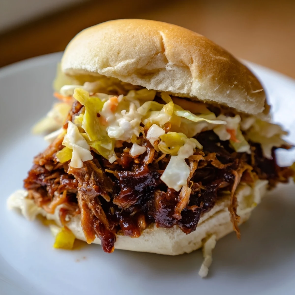 Tender BBQ Jackfruit sliders stacked high with creamy coleslaw; a delicious vegan meal.
