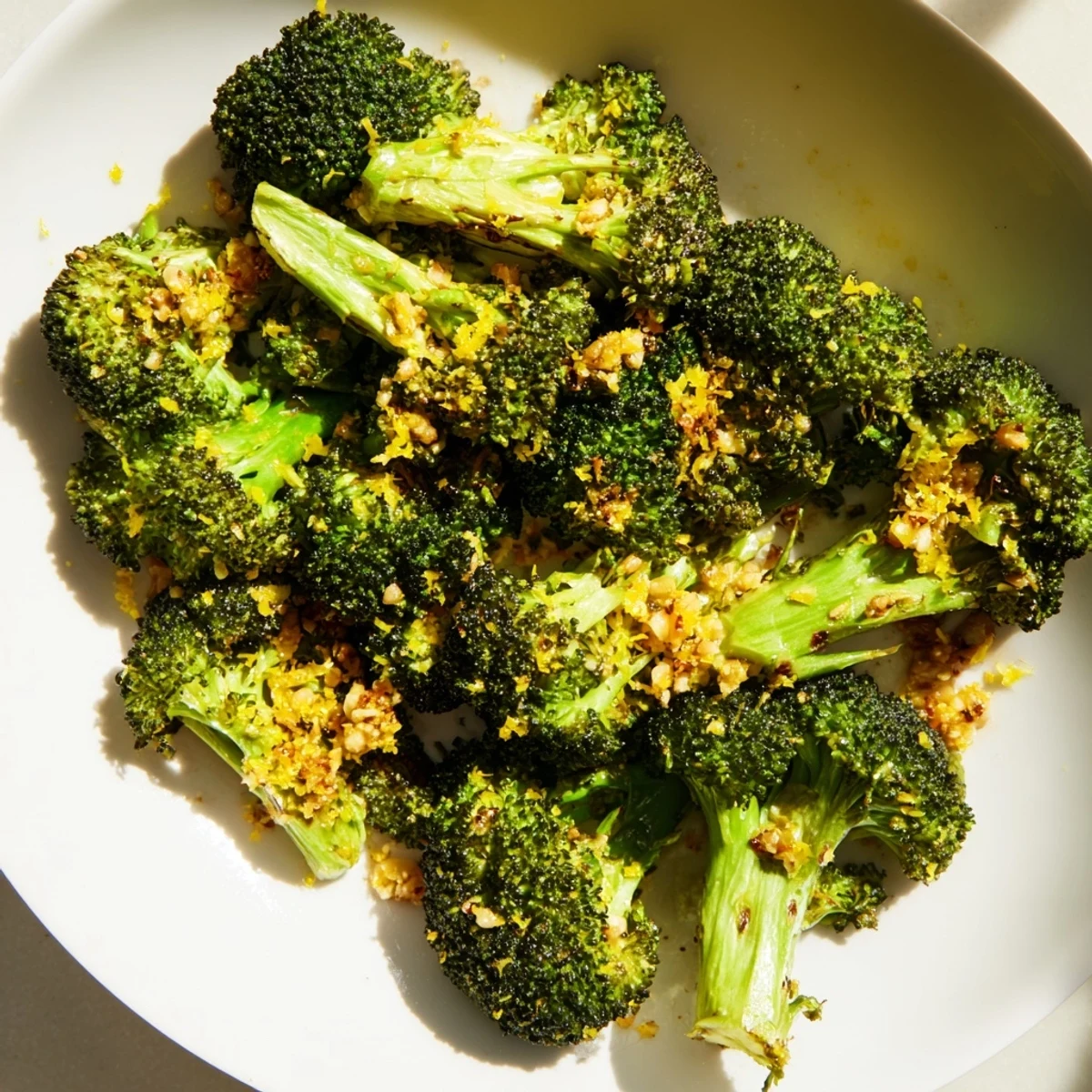 Golden-brown Lemon Garlic Roasted Broccoli glistens after roasting, ready to burst with fresh, lemony flavor.