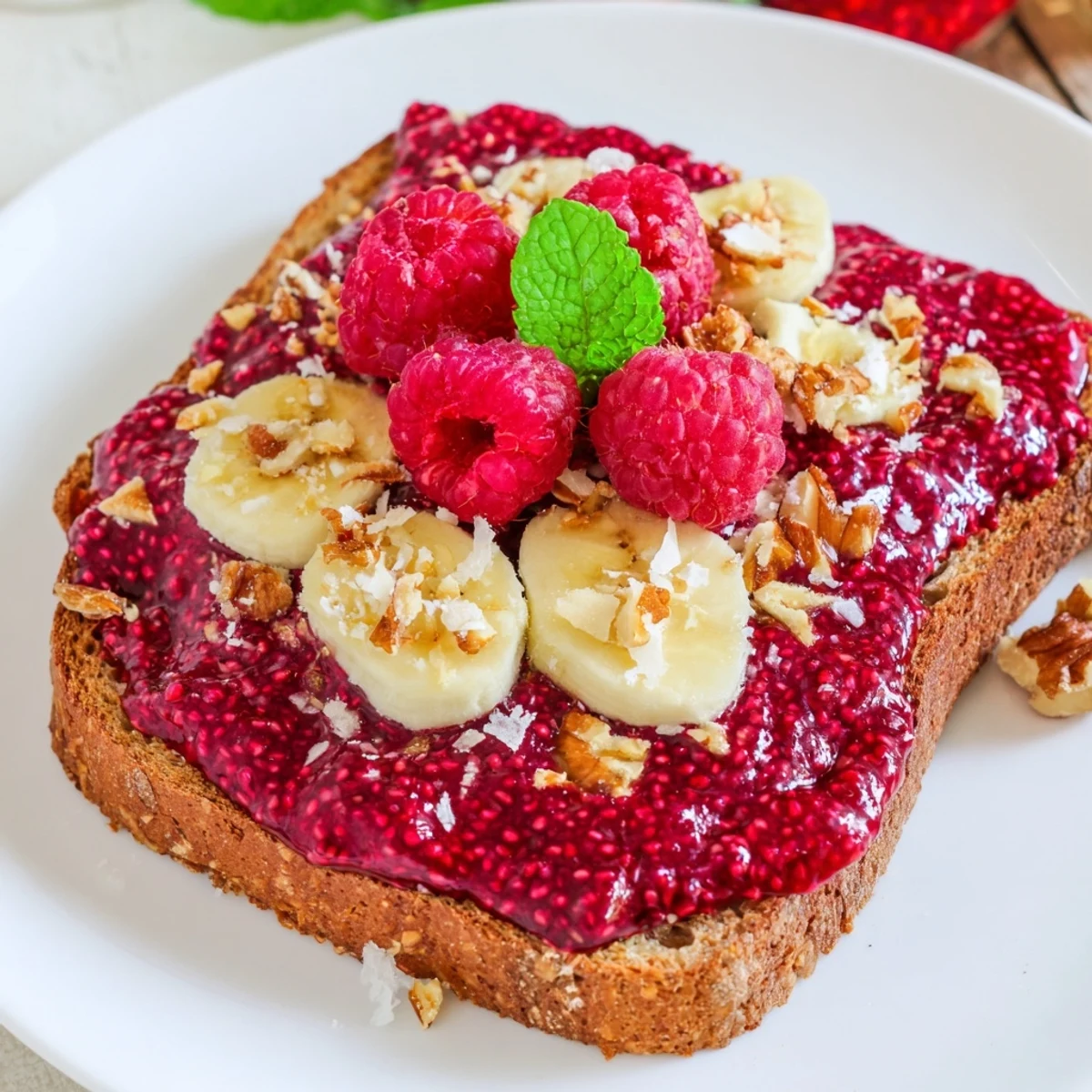 Bright red raspberry chia jam beautifully glistening on toasted bread, ready to enjoy for breakfast.