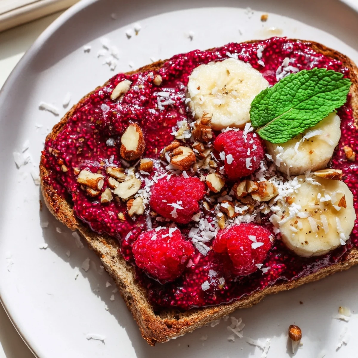 A close-up of two slices of raspberry chia jam toast, topped with fresh raspberries and coconut flakes.