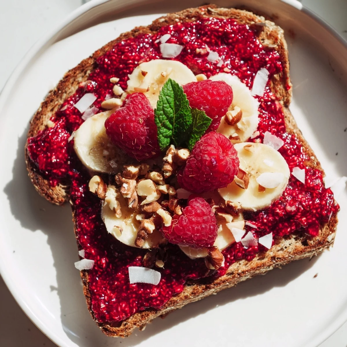 Warm, inviting image of a quick and easy raspberry chia jam toast, a perfect, healthy snack or breakfast.