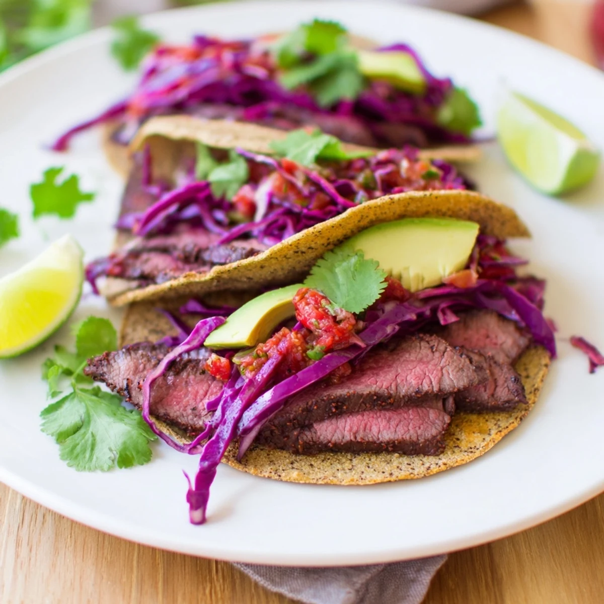 Coffee-Rubbed Steak Tacos: Sizzling grilled steak with dark coffee rub, ready to be wrapped in fresh tortillas.