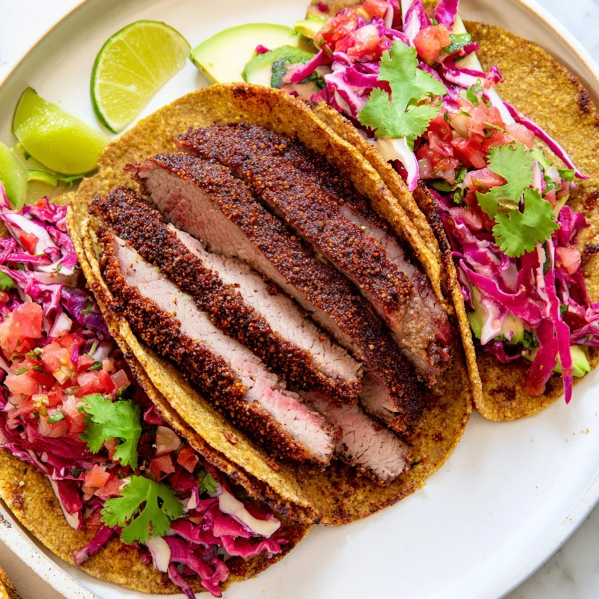 Savory Coffee-Rubbed Steak Tacos, piled high with colorful toppings and juicy, flavorful steak slices.