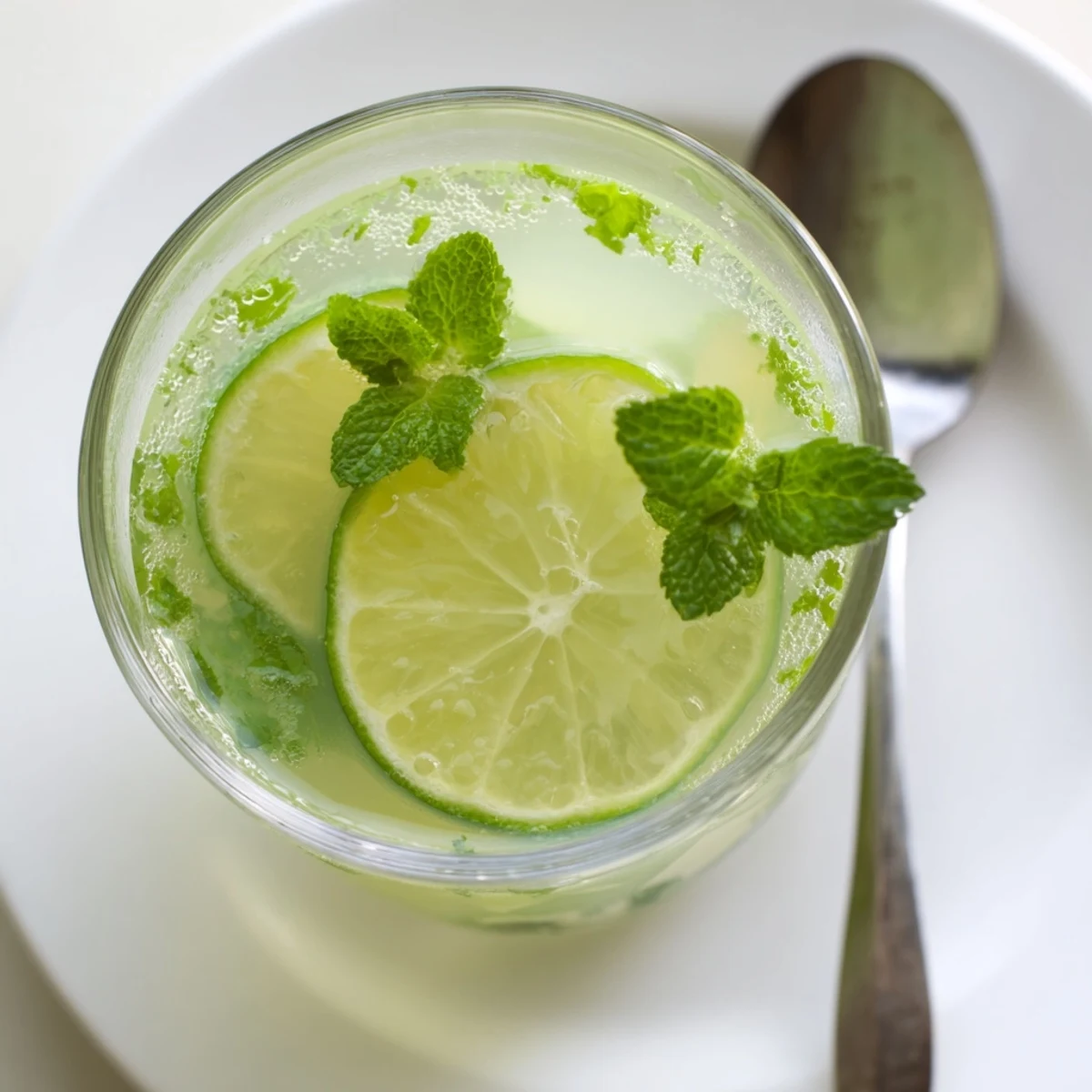 Cool glass of Mint Lime Agua Fresca, beautifully green and icy, offering a cool relief for thirst.
