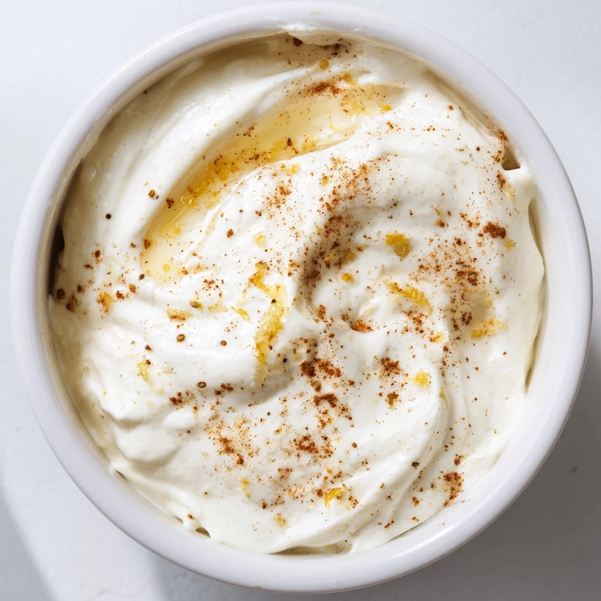 A bowl of refreshing Greek yogurt fruit dip; subtly sweet, with lemon zest, ready for dipping fruit.