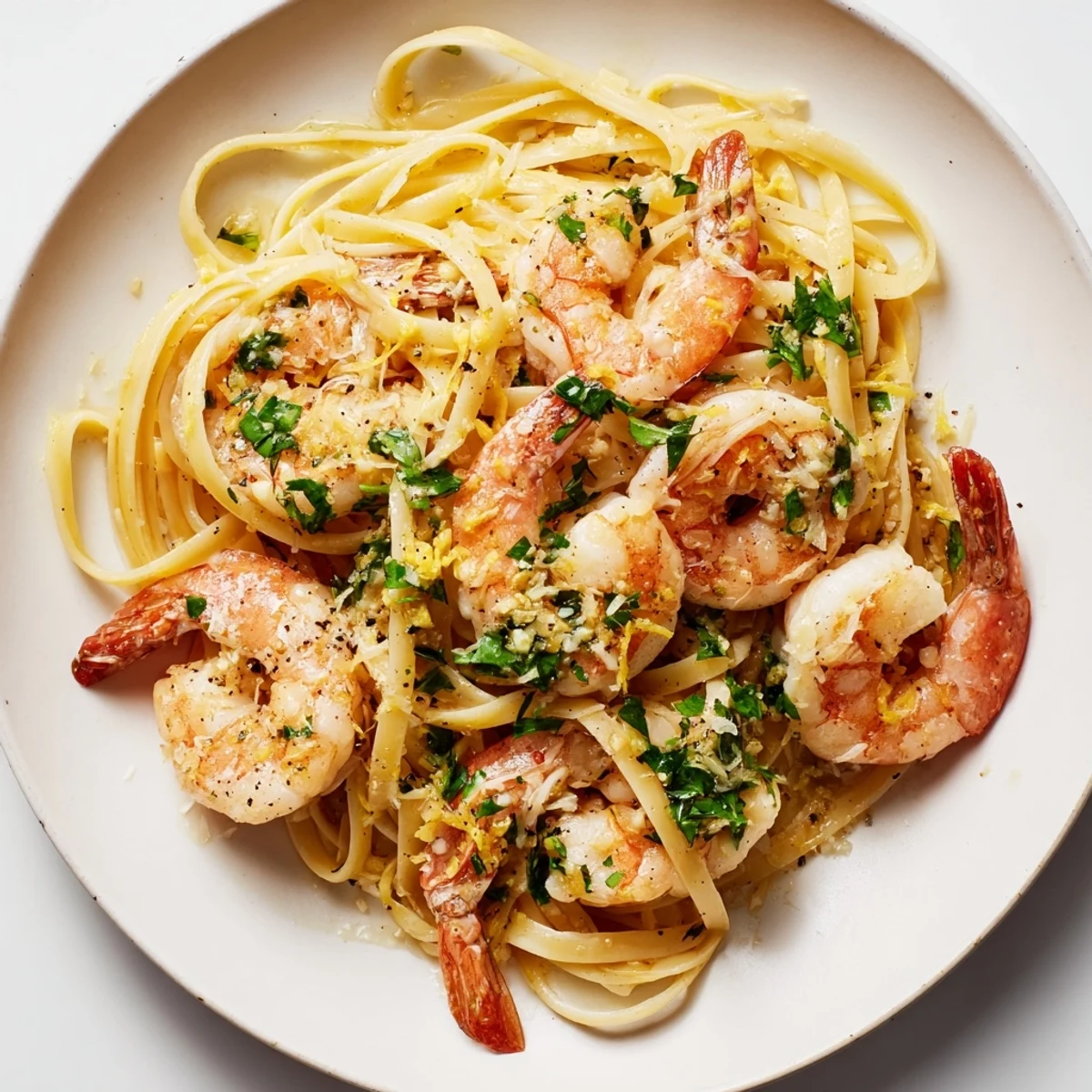 Golden-brown shrimp nestle in Lemon Herb Pasta, a delightful Italian-inspired meal with zesty flavors.