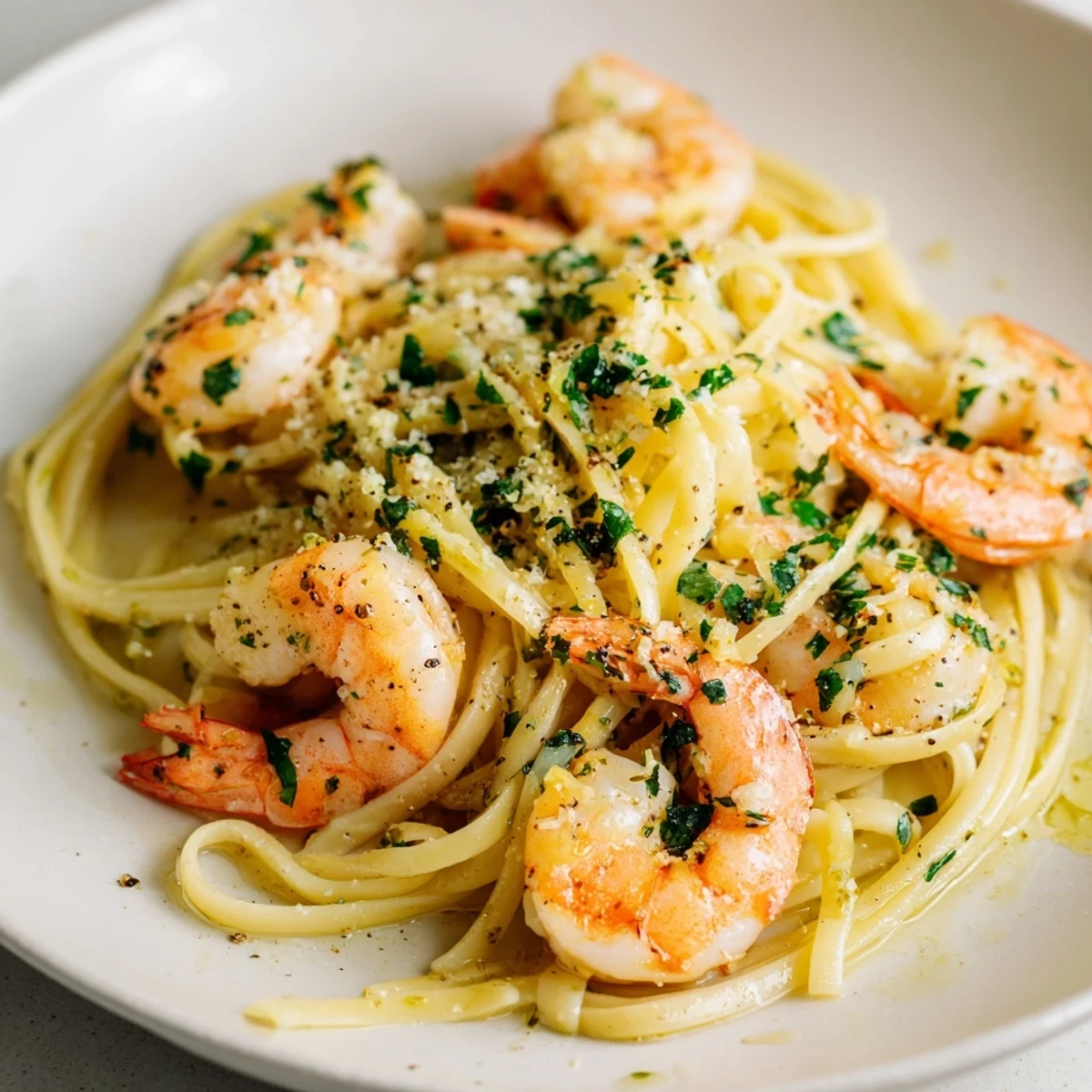 Enjoy the bright, fresh taste of this Lemon Herb Pasta with Shrimp, garnished with fresh lemon wedges.
