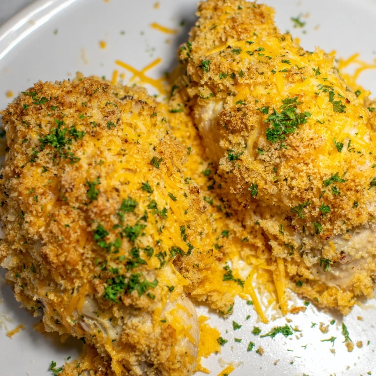 Golden, bubbly Cheesy Baked Chicken Breast with melted cheese, perfect for a family dinner.