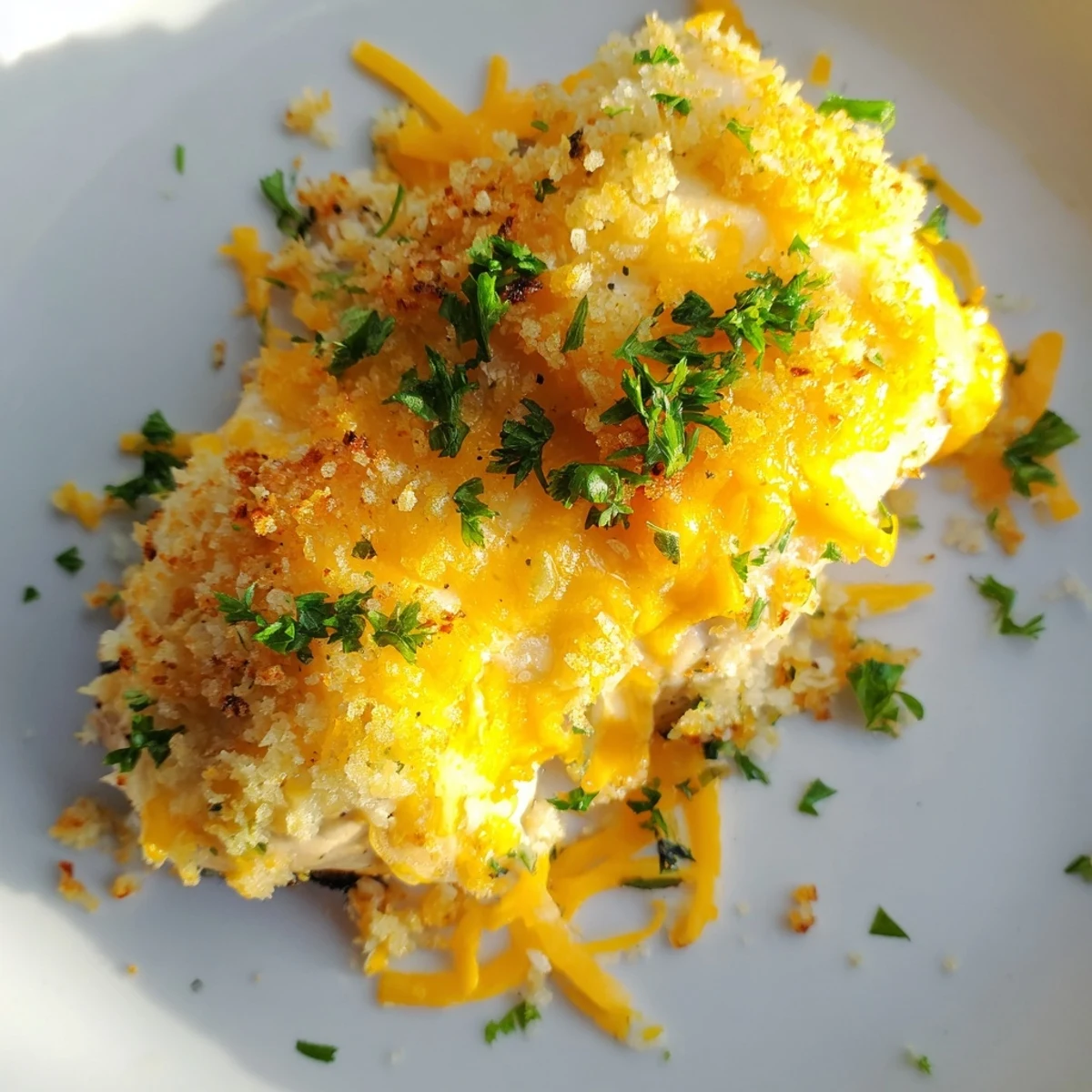 Mouthwatering image of Cheesy Baked Chicken Breast with crispy breadcrumbs, served hot and delicious.
