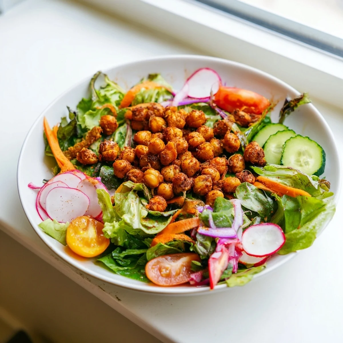 A fresh Mixed Greens Salad with crispy chickpea croutons, perfectly balanced and colorful.