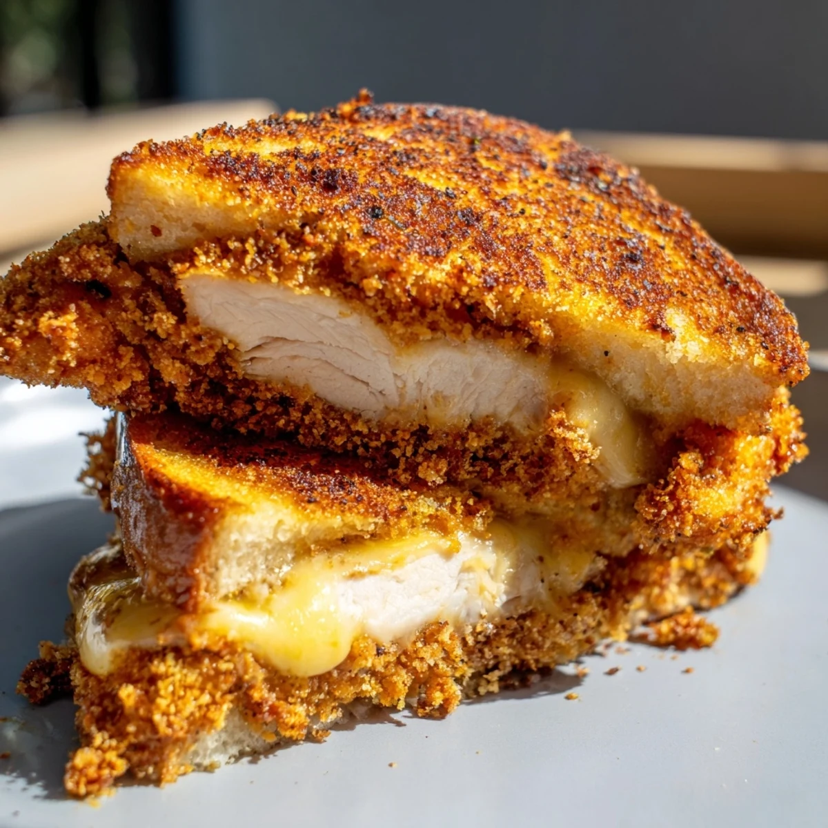 Close-up of melty, golden Parmesan Chicken Thighs Grilled Cheese, perfectly cooked and ready to eat.