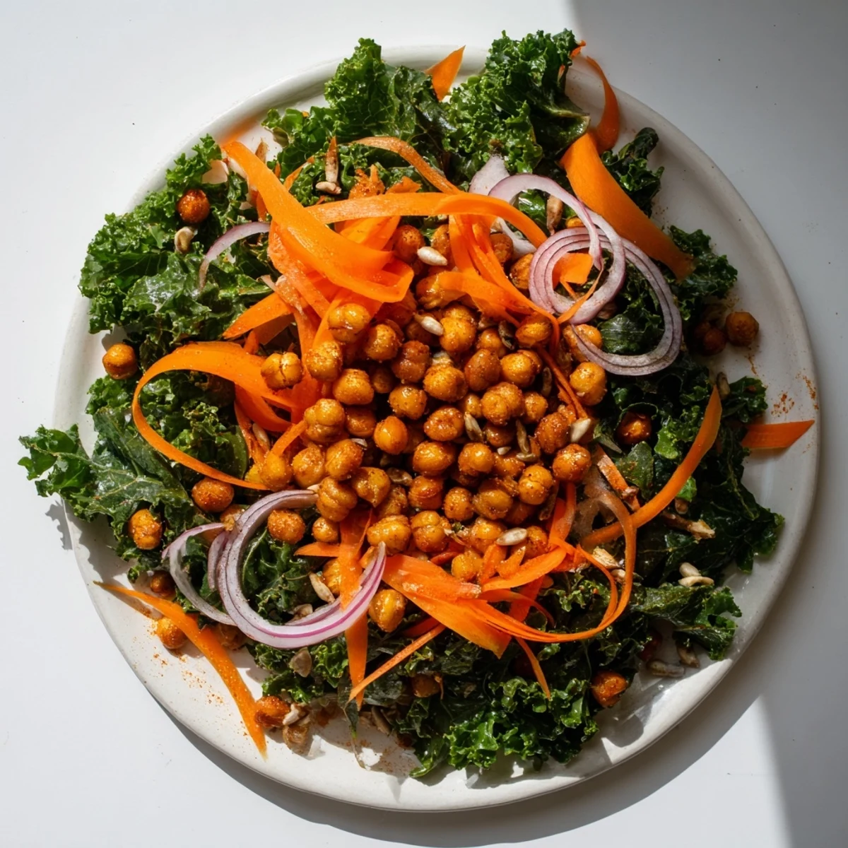 Crispy roasted chickpeas topping a vibrant kale salad, a healthy and delicious meal.