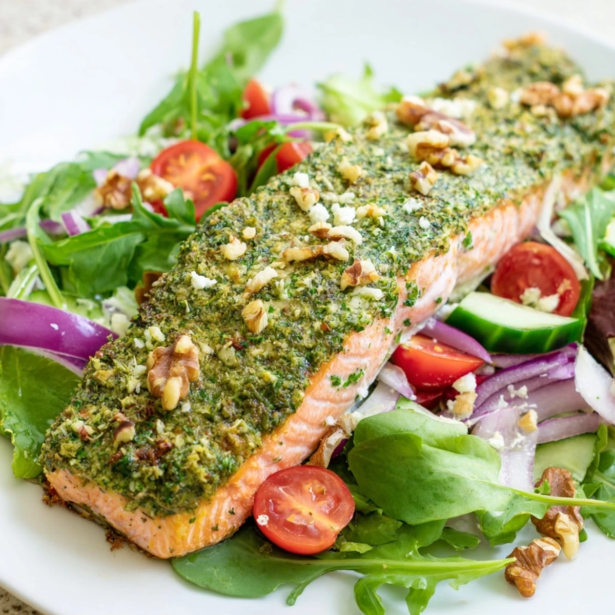 Warm herb-baked salmon fillets atop fresh greens create a delicious, savory herb-crusted salmon salad.