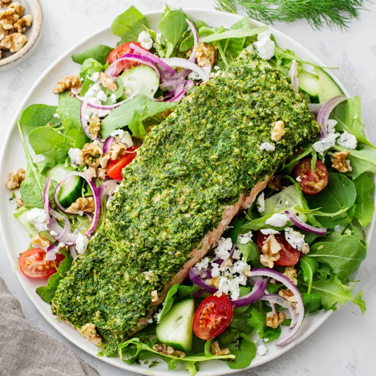 A close-up of the flavorful herb-crusted salmon salad, perfect for a light yet satisfying meal.