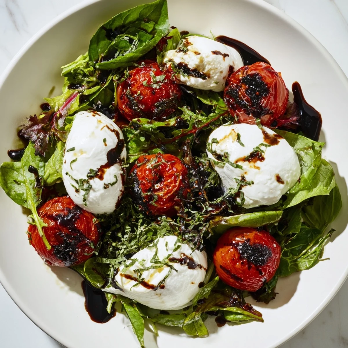 Fresh Charred Tomato Salad with creamy Burrata: A close-up view presents vibrant colors and textures ready to eat.
