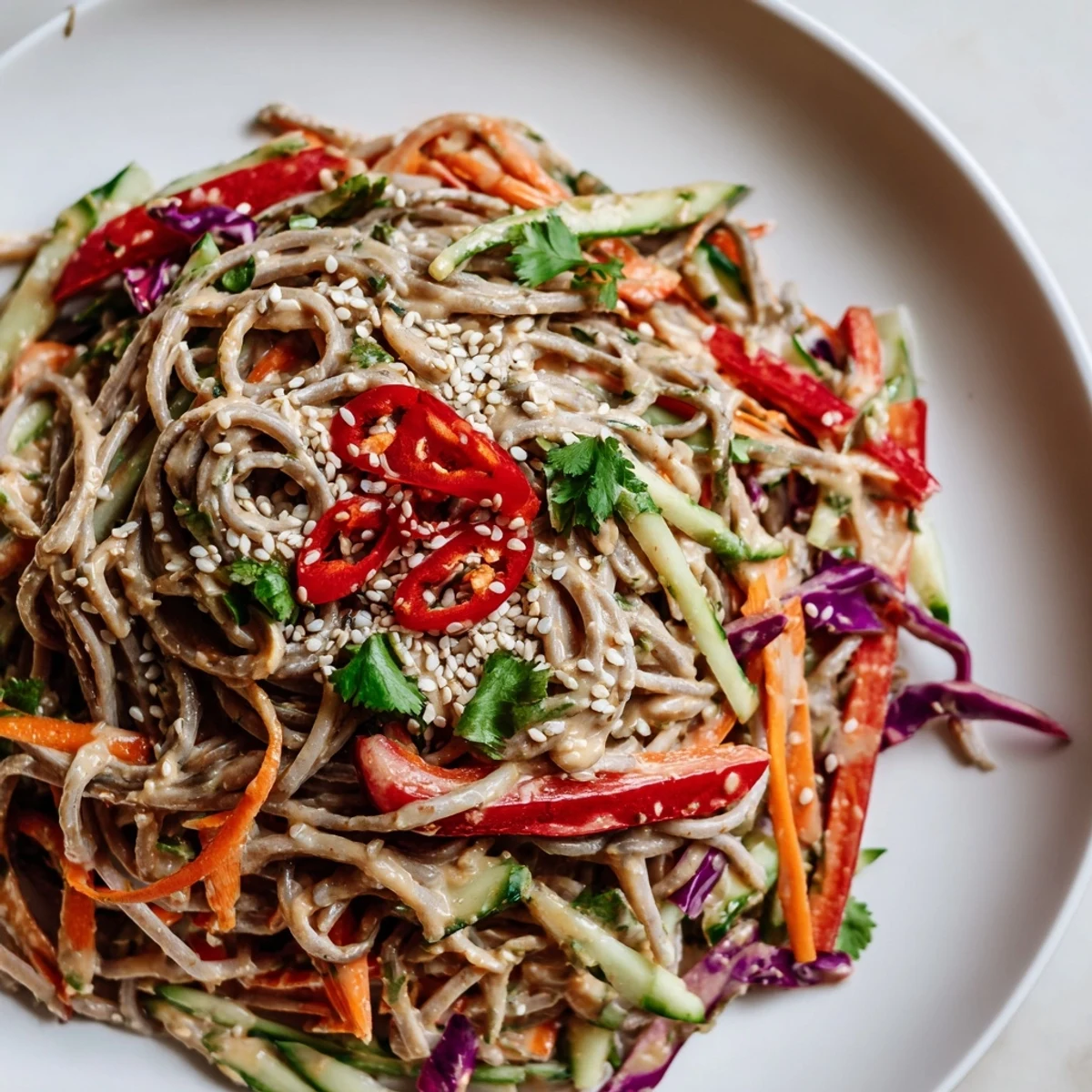 Cold soba noodle salad with colorful vegetables and a creamy sesame-peanut dressing is a delicious meal.